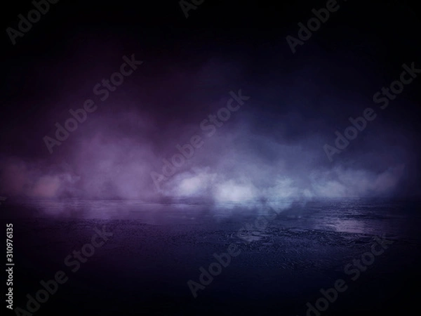 Fototapeta Background of empty dark room, street. Concrete floor, asphalt, neon light, smoke, spotlight