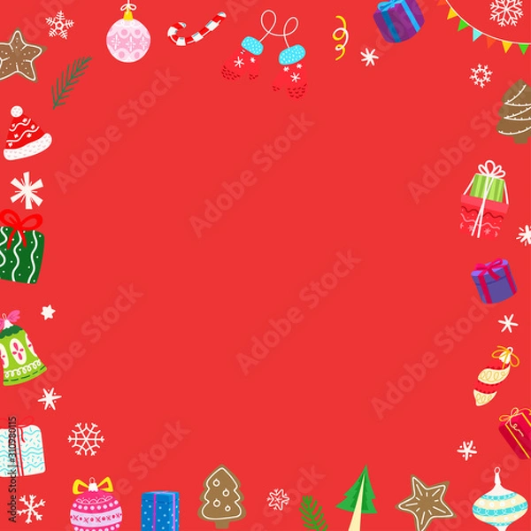 Fototapeta Christmas banner with different holiday accesories. Copy space for greetings