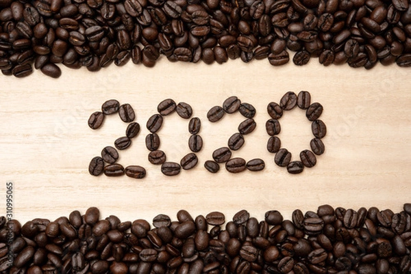 Fototapeta Coffee beans in shape of "2020". NO edit.
