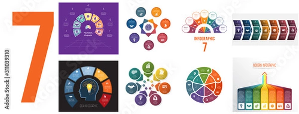 Fototapeta Zestaw 8 uniwersalnych szablonów dla koncepcyjnych procesów cyklicznych infografiki dla 7 pozycji możliwych do wykorzystania do przepływu pracy, banera, diagramu, projektowania stron internetowych, osi czasu, wykresu warstwowego, opcji liczbowych