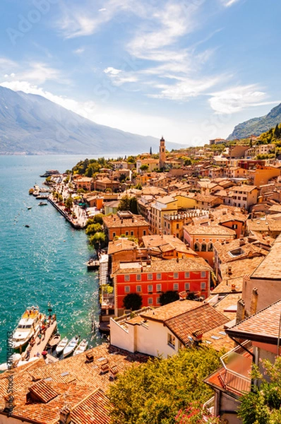 Obraz Limone Sul Garda cityscape on the shore of Garda lake surrounded by scenic Northern Italian nature. Amazing Italian cities of Lombardy