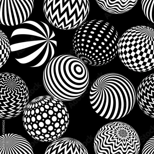 Fototapeta Seamless 3D abstract pattern with patterned spheres in black and white. 