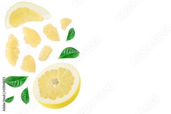 Fototapeta pomelo with slice and leaf isolated on white background with copy space for your text . Top view. Flat lay.