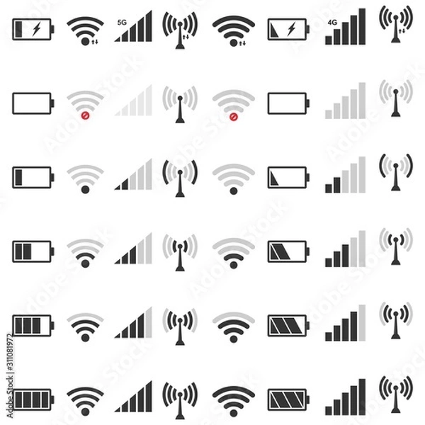 Fototapeta wifi signal icon set,  battery energy charge, mobile signal level icon  Vector Illustration