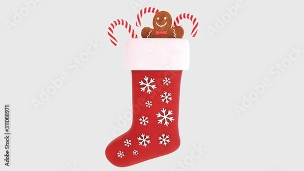 Fototapeta christmas sock isolated on white background, with decorations, 3D-rendering