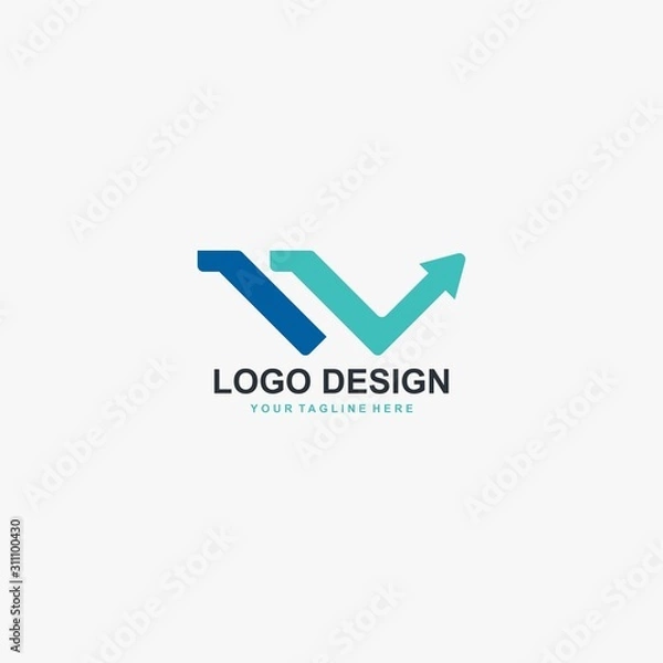 Fototapeta Blue arrows logo design. Reflection illustration sign. Letter W abstract symbol. Outline arrow vector icon.