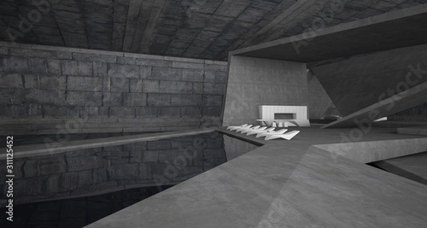 Fototapeta Abstract architectural concrete interior of a minimalist house with swimming pool. 3D illustration and rendering.