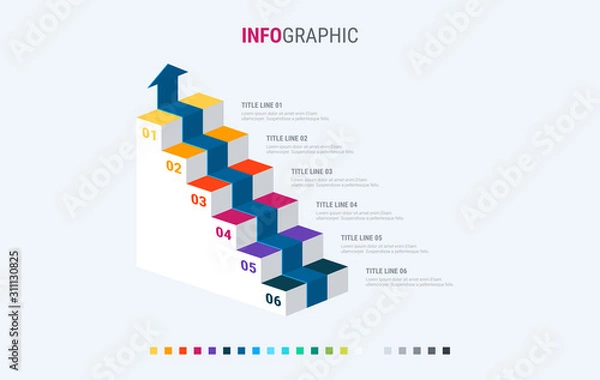 Fototapeta Colorful diagram, infographic template. Timeline with 6 options. Stairs workflow process for business. Vector design. Warm palette.