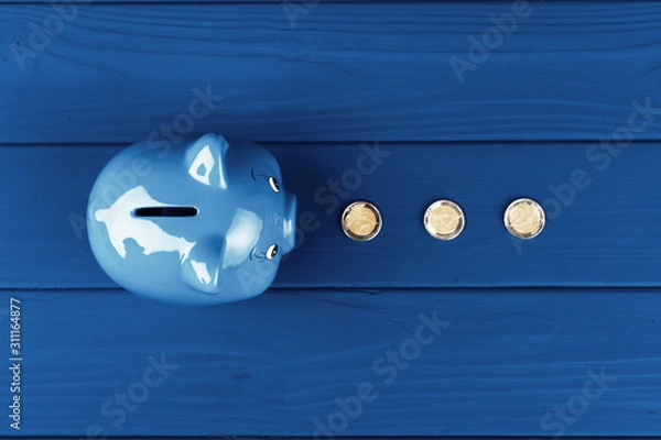 Fototapeta Top view of a piggy bank on classic blue background