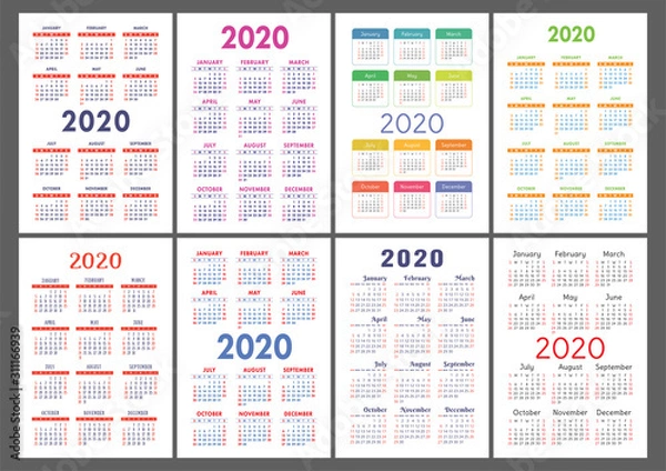 Fototapeta Calendar 2020 year. Vector template collection. Colorful English pocket calender set. Week starts on Sunday