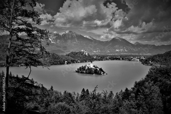 Obraz View to Lake Bled and its island from above on a sunny day black and white concept