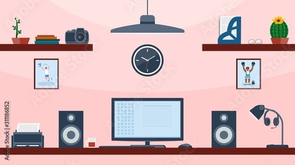 Fototapeta Workspace for business. Creative office space vector with display on the table - workspace layout template.