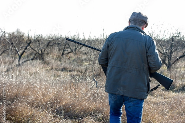 Fototapeta A man with his back in a jacket and jeans with a hunting rifle in his hands is walking along the forest steppe in search of game