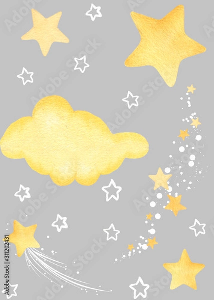 Fototapeta Hand drawn watercolor isolated illustration on the flat background. Cosmos theme objects set pattern