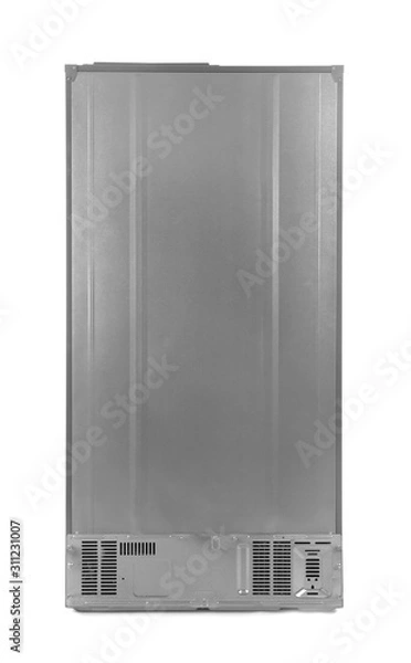 Fototapeta New modern refrigerator isolated on white, back view