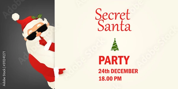 Fototapeta Secret Santa Claus invitation background standing behind a blank sign, showing on big blank sign. Cartoon Santa Claus character holding a placard with white copy space. Santa clause party.