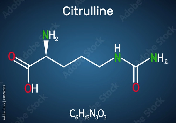 Fototapeta Citrulline C6H13N3O3, alpha amino acid molecule. Structural chemical formula on the dark blue background