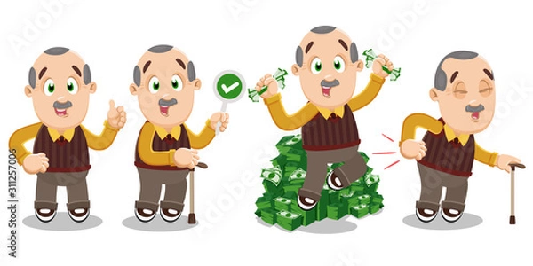 Obraz Vector set with elderly mustached man in different situations.