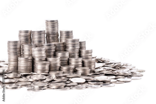 Fototapeta A group of Thai 1 Baht silver coint stack in vertical row and random sit on the floor