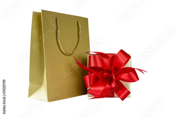 Fototapeta Shopping bag and gift box with red ribbon , Isolated on white background
