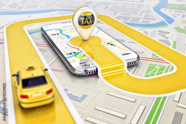 Obraz Koncepcja usługi zamawiania taksówek w aplikacji mobilnej online, żółta taksówka jadąca trasą do markera na smartfonie, na mapie miasta