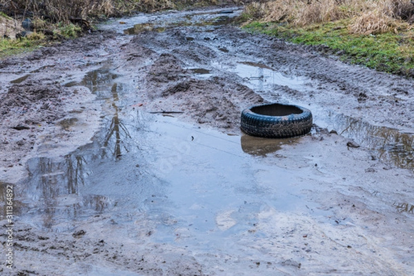 Fototapeta The bad ground or soil rural or suburb road or way with puddles, pools, mud and slush