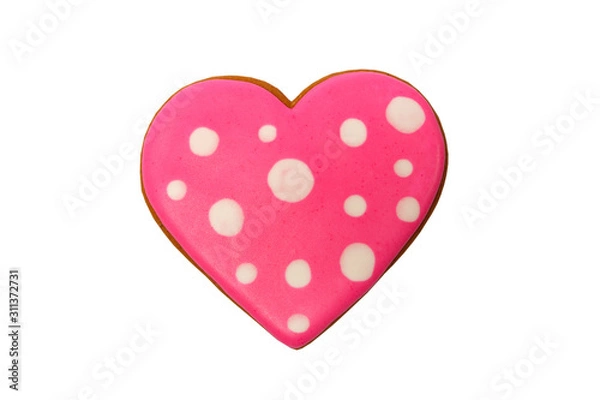 Fototapeta Background from pink cookie heart shaped with different patterns, isolated