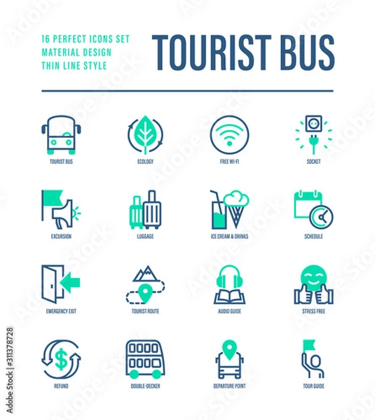Fototapeta Tourist bus thin line icons set: free wi-fi, schedule, emergency exit, tourist route, departure point, socket, audio guide, luggage, refund, double decker. Vector illustration.
