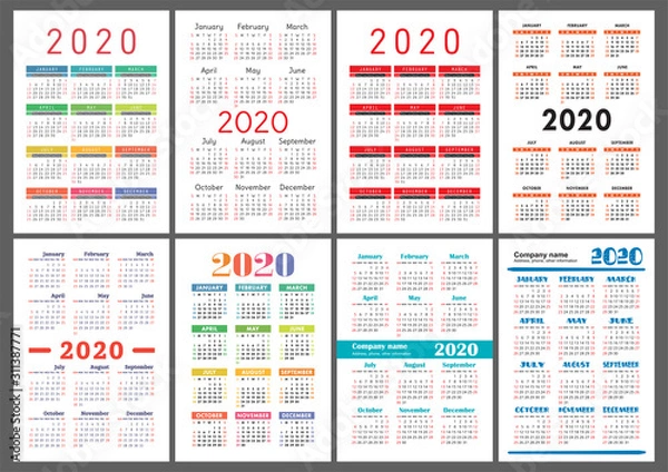 Fototapeta Calendar 2020 year. Vector template collection. Colorful English pocket calender set. Week starts on Sunday