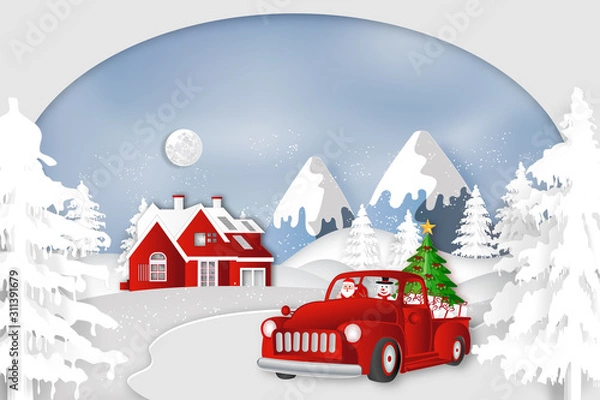 Fototapeta Paper art, cut and digital craft style of Santa Claus on Sleigh and Reindeer with snowman in the merry christmas night and  happy new year 2019 as holiday and x'mas day concept.