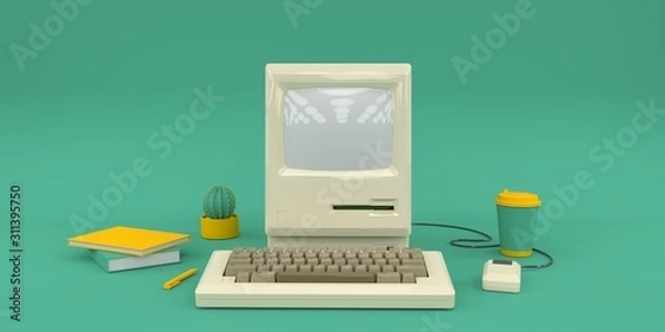 Fototapeta Simple mock up composition with old computer on green background 3d render