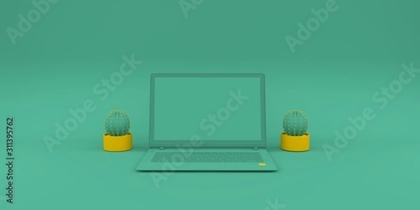 Fototapeta Simple mock up composition with laptop on green background 3d render