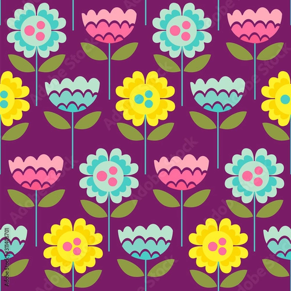 Fototapeta Seamless vector pattern with scandinavian style flowers on a dark background.
