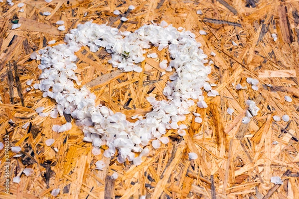 Fototapeta heart shape made of petals on a wooden surface