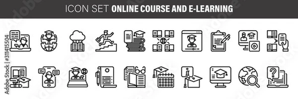 Fototapeta Webinar and online education icons. Vector set of thin line training courses symbols or logo elements.