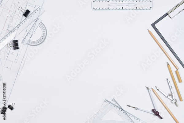 Obraz Architectural plans, pencil and ruler on the table. Place for your text