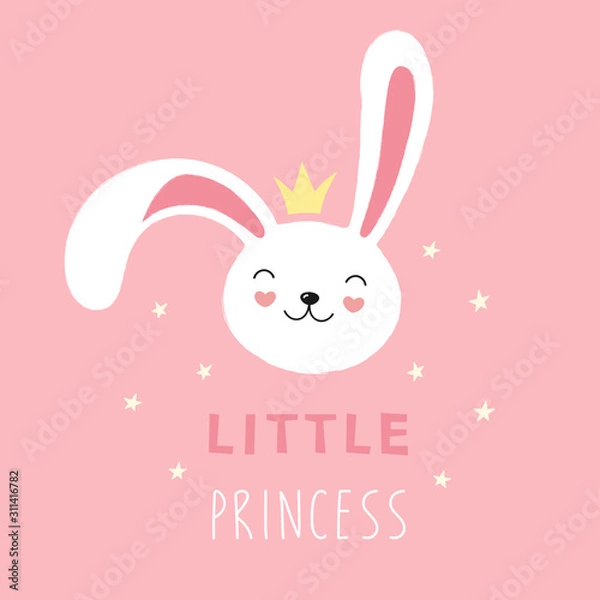 Fototapeta Cute face of a white rabbit, bunny, little princess. Vector cartoon illustration on a pink background, print for t-shirt, greeting card.