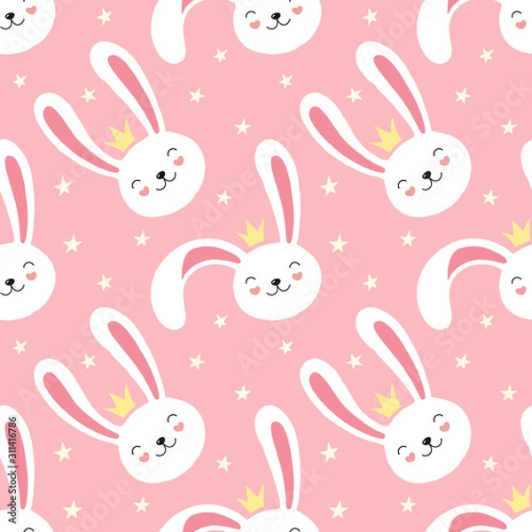 Fototapeta Cute white rabbit, bunny, seamless pattern, little princess. Girlish print for textiles, wrapping, fabric, wallpaper. Vector illustration for children.