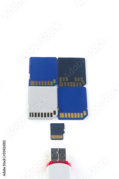 Obraz  USB flash drive and memory card in blue, white and black on a white background