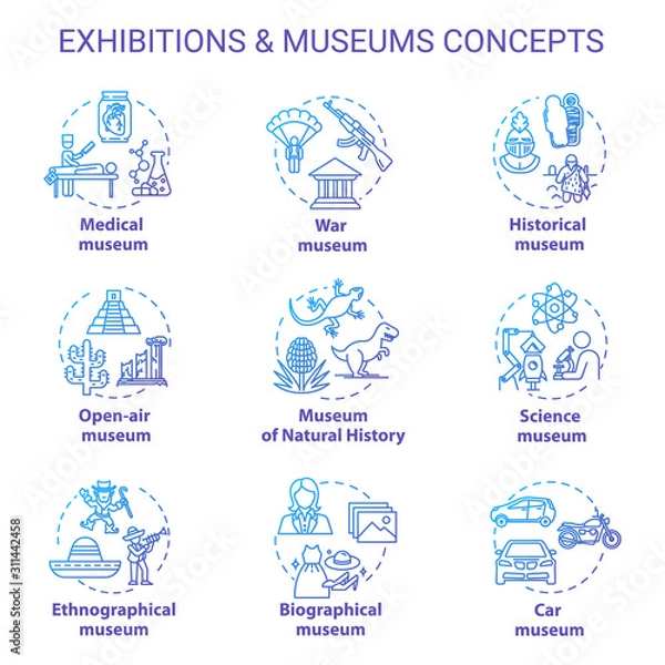 Obraz Museum exhibition concept icons set. Ethnographical and biographical exposition. Natural history. Open-air display idea thin line illustrations. Vector isolated outline drawings. Editable stroke