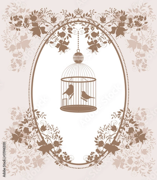 Fototapeta Vintage background with flowers and birds in cage.
