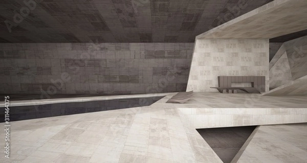 Fototapeta Abstract architectural concrete interior of a minimalist house with swimming pool. 3D illustration and rendering.