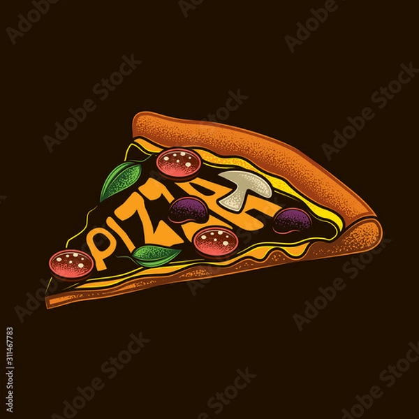 Obraz Original vector emblem in retro style. Pizza with olives, salami, mushrooms and herbs.