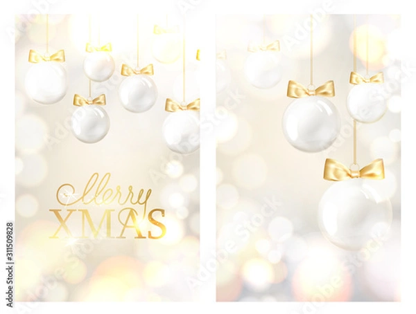 Obraz Christmas ball with curves of ribbon confetti. Merry Christmas and Happy New Year greeting card with fir toys and golden confetti for xmas design. Vector illustration.