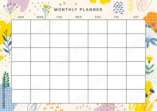Fototapeta Cute printable Monthly Planner with flower illustrations and abstract design elements. Vector