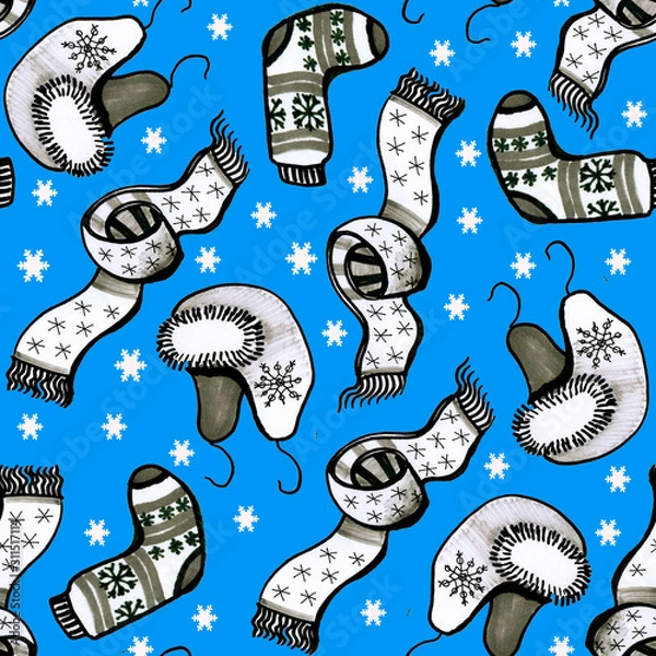 Fototapeta blue background seamless pattern hats scarves socks