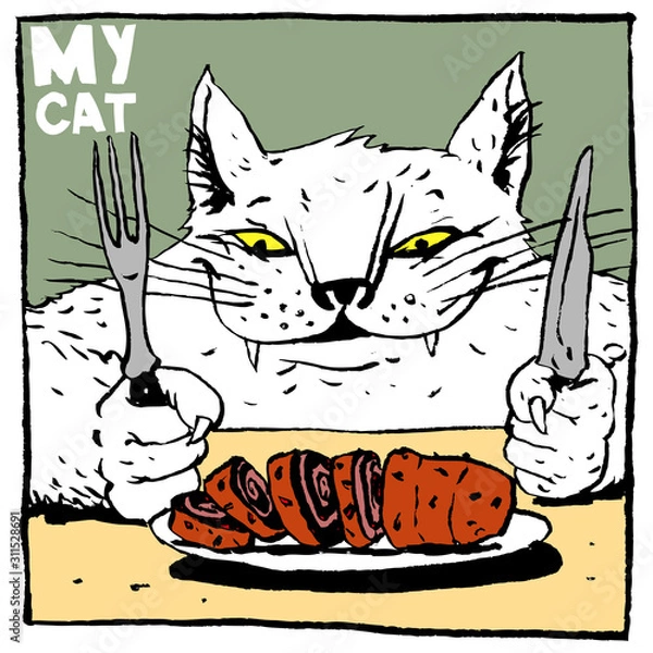 Fototapeta Portrait of a gourmet cat, with a roll, fork and knife. Color humorous illustration, suitable for the design of publications and poster.