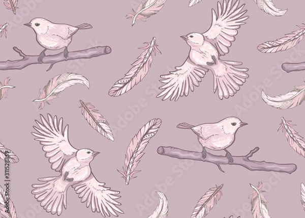 Fototapeta Seamless pattern with birds and feathers.
