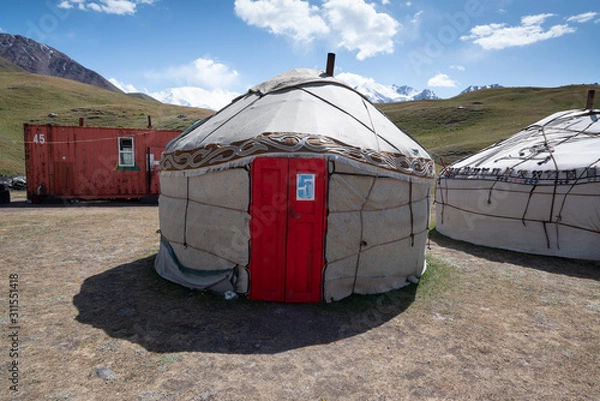 Obraz Yurts in the village on the road trip from Osh Kyrgyzstan to Tajikistan through the Pamir highway