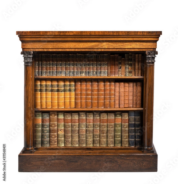 Obraz old vintage low small open bookcase English rosewood with books isolated on white
